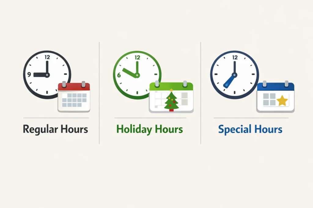Comparison of regular business hours, holiday hours, and special hours for businesses