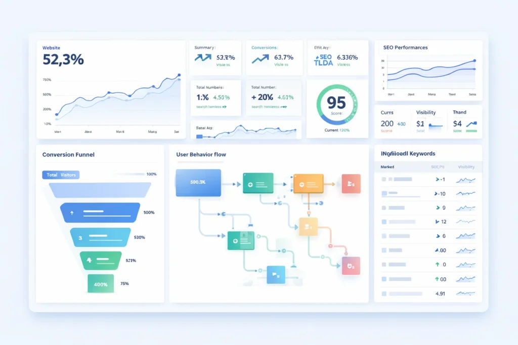 Analytics and tracking dashboard measuring SEO performance and conversions