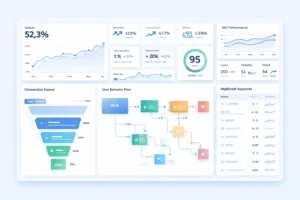 Analytics and tracking dashboard measuring SEO performance and conversions