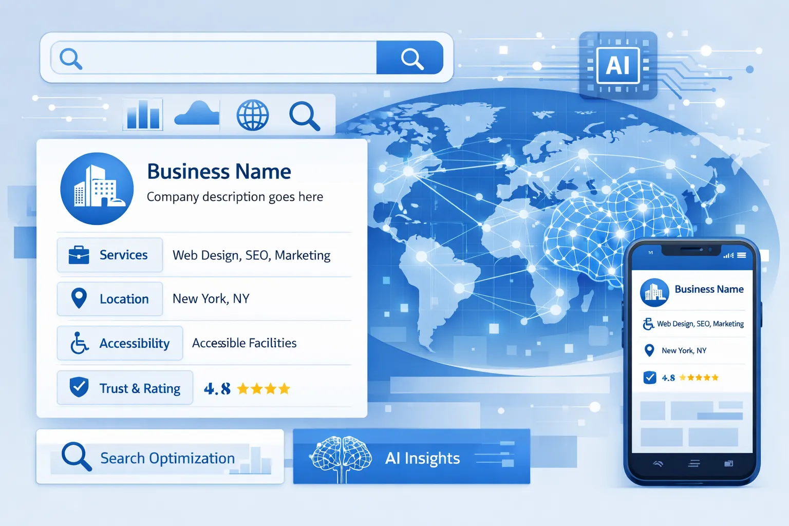 Business description and attributes optimized for SEO and AI search visibility