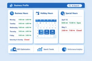 Business hours, holiday hours, and special hours displayed in a digital business profile dashboard