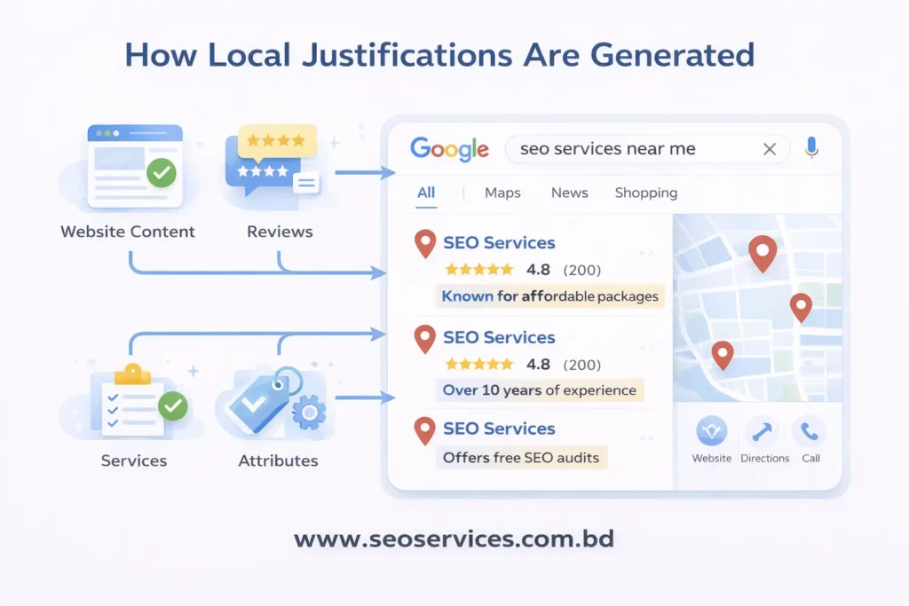 How website content and reviews generate local justifications in Google search