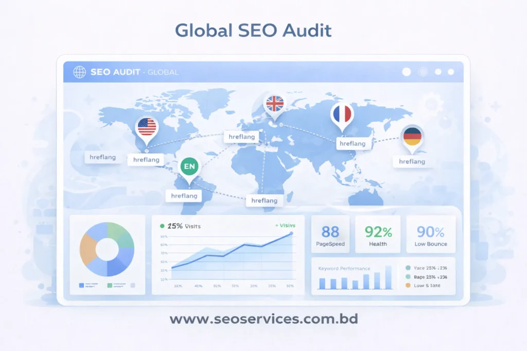 International SEO audit visual showing global website performance and hreflang analysis