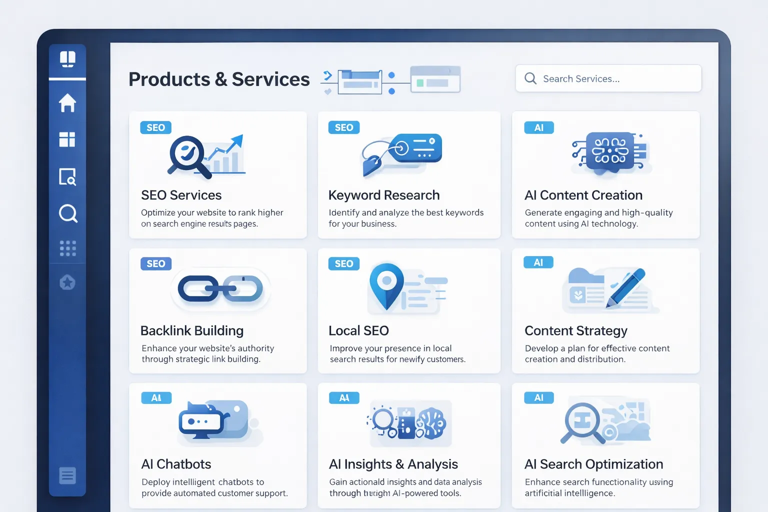 Products and services catalog structured for SEO and AI visibility