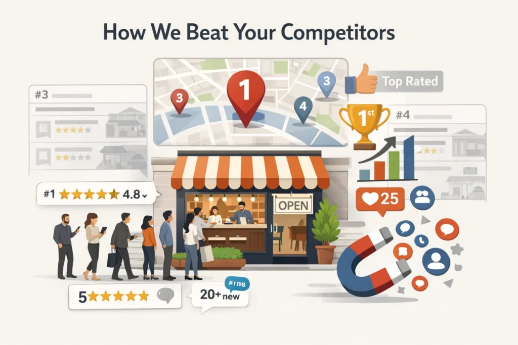 Local SEO process showing Google Maps optimization, website SEO, and local trust signals for small businesses
