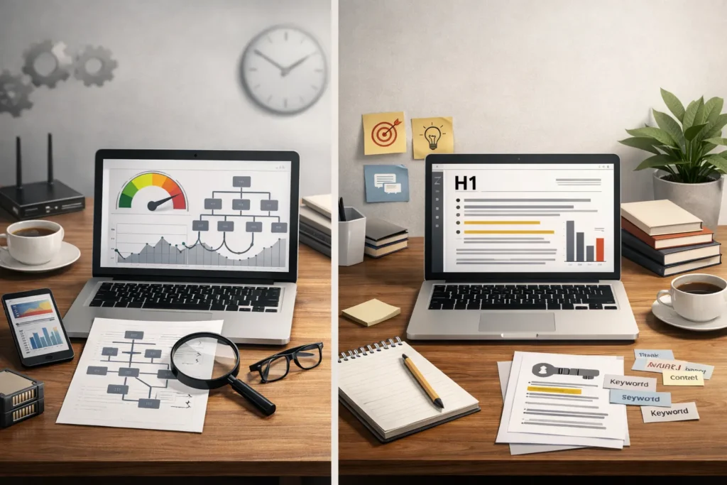 Technical SEO vs on-page SEO comparison for website rankings