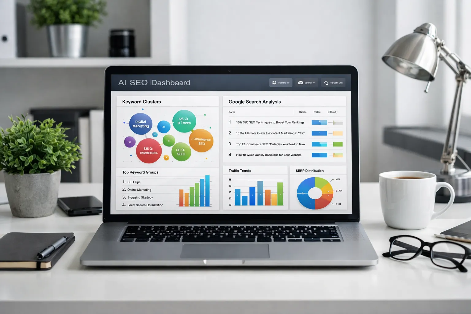 AI in SEO dashboard analyzing keyword clusters and search rankings