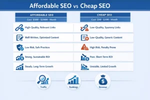 Affordable SEO vs Cheap SEO comparison chart showing pricing, quality, and risk differences.