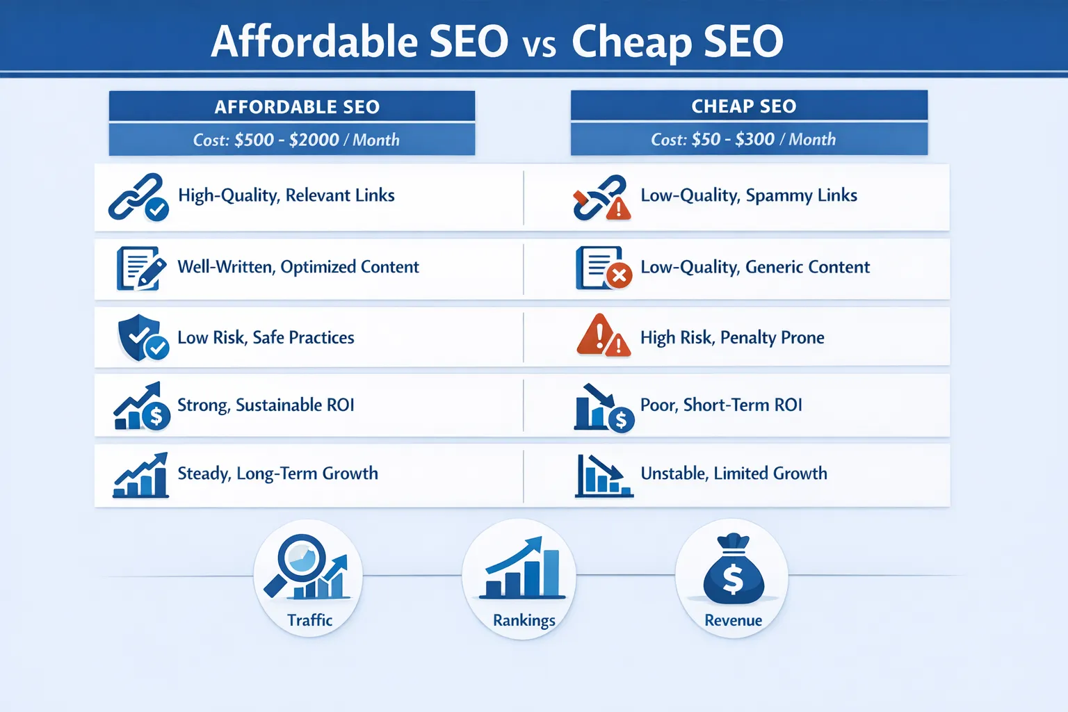 Affordable SEO vs Cheap SEO comparison chart showing pricing, quality, and risk differences.