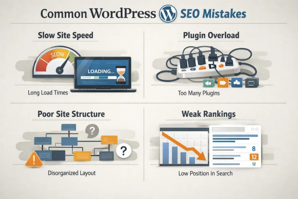Common WordPress SEO mistakes affecting site structure, performance, and rankings
