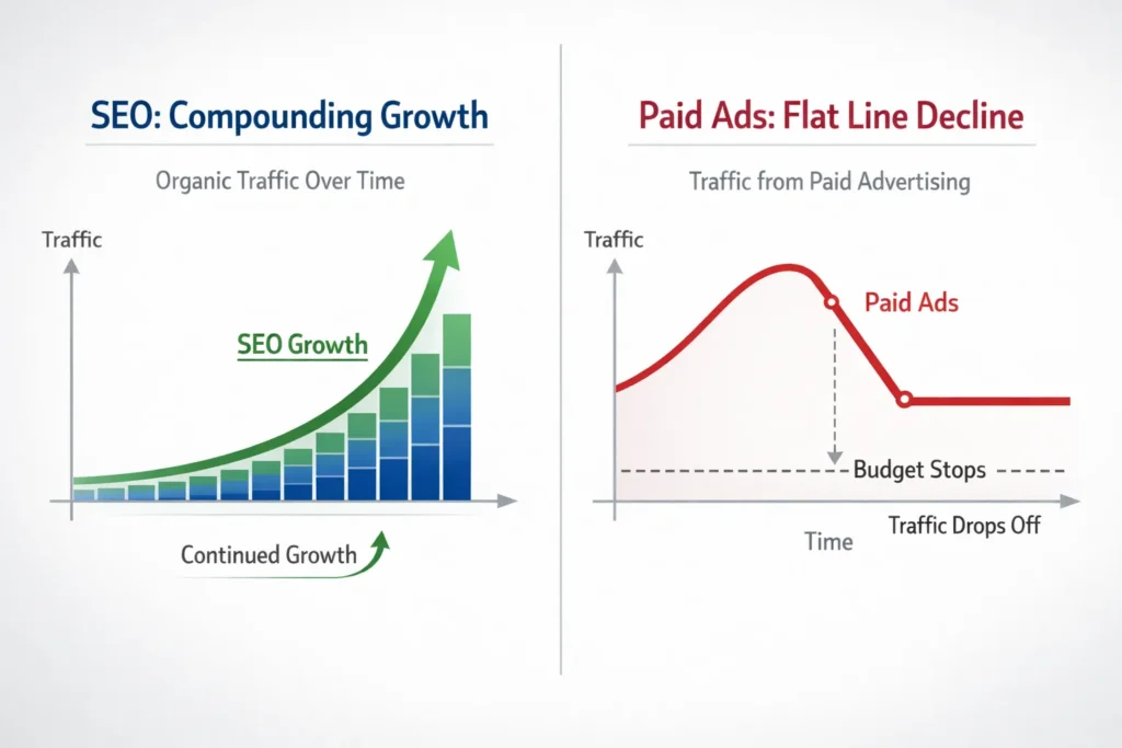 Comparison graph showing long-term SEO ROI versus short-term paid advertising results.