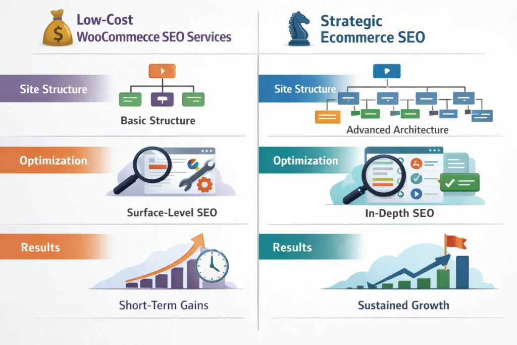 Comparison of low-cost and strategic WooCommerce SEO services
