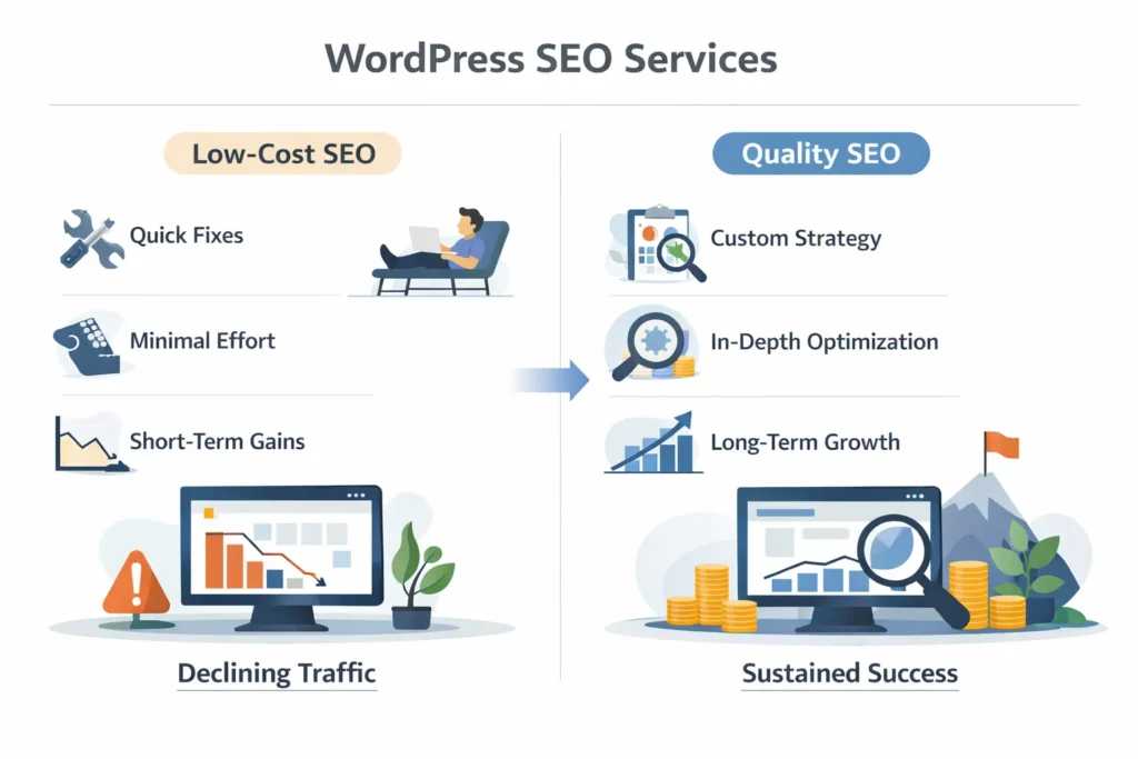 Comparison of low-cost versus quality WordPress SEO services and long-term results
