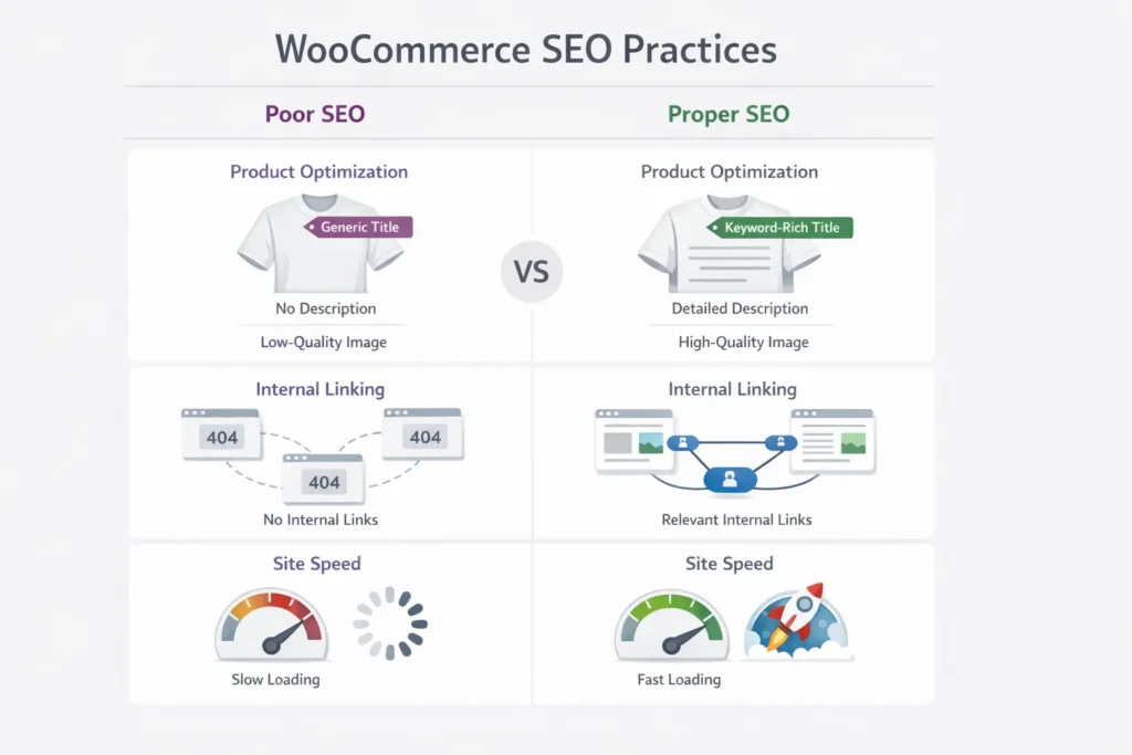 Comparison of poor and proper WooCommerce SEO practices for ecommerce websites
