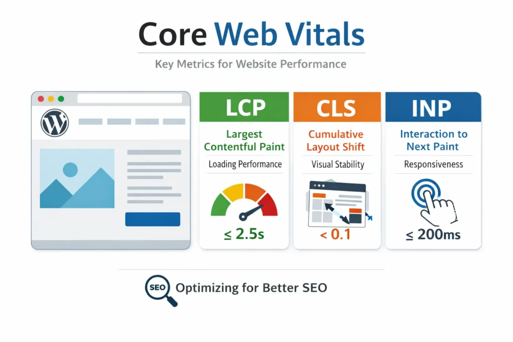 Core Web Vitals metrics LCP CLS and INP for WordPress SEO