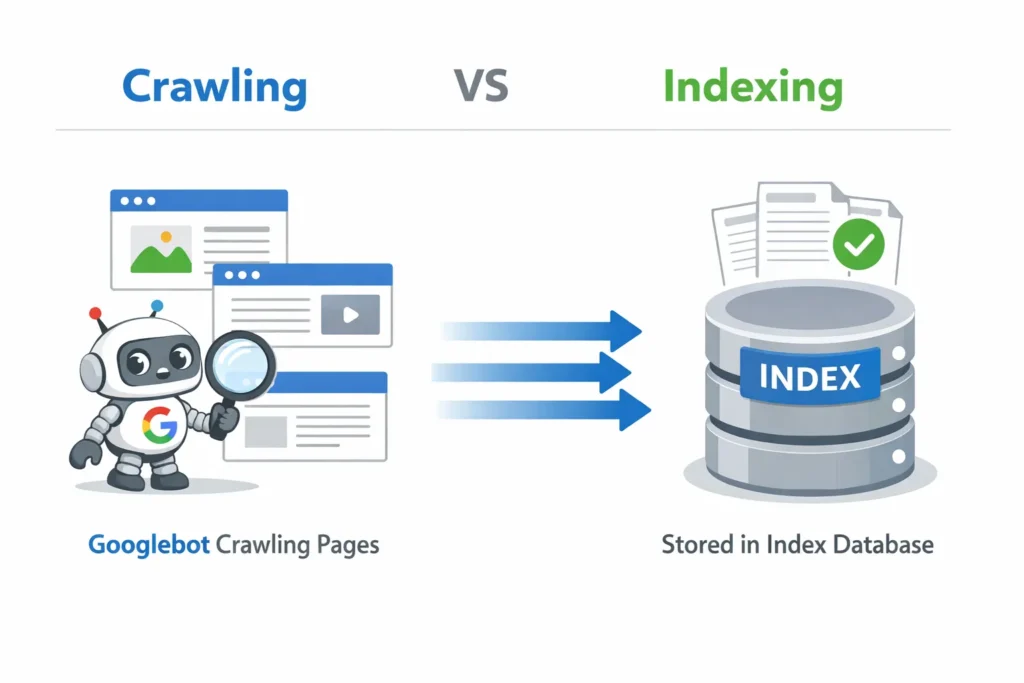 Diagram explaining crawling vs indexing in Google Search Console