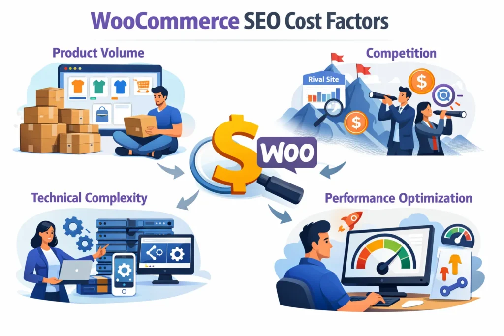 Factors affecting WooCommerce SEO cost including product volume and competition
