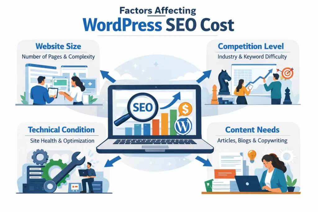 Factors that affect WordPress SEO cost including website size, competition, and content needs
