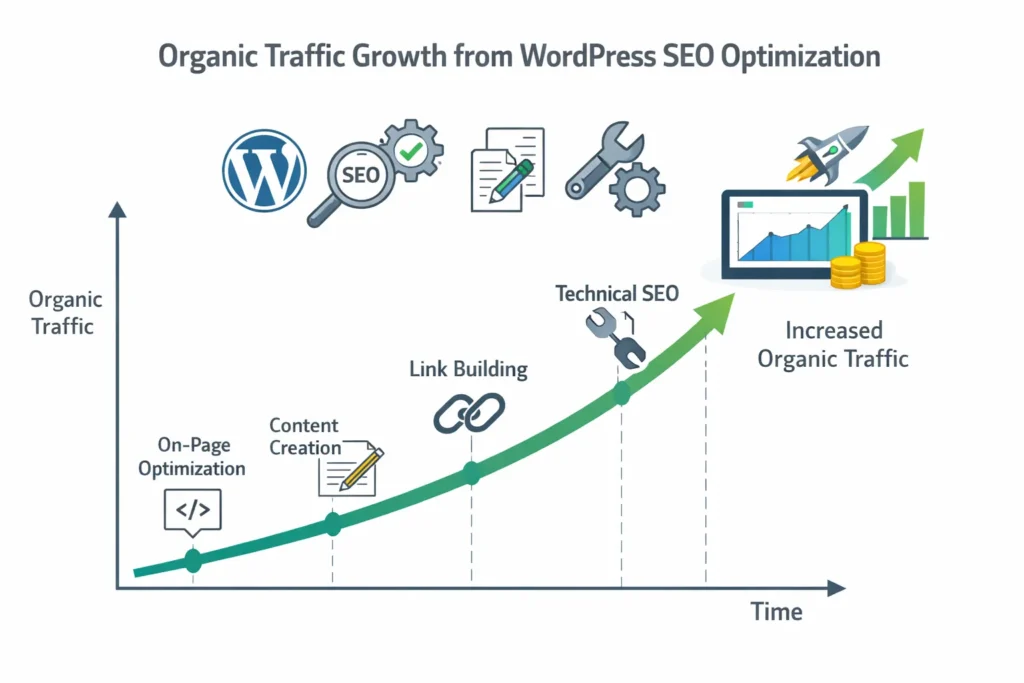Gradual organic growth from WordPress SEO over several months
