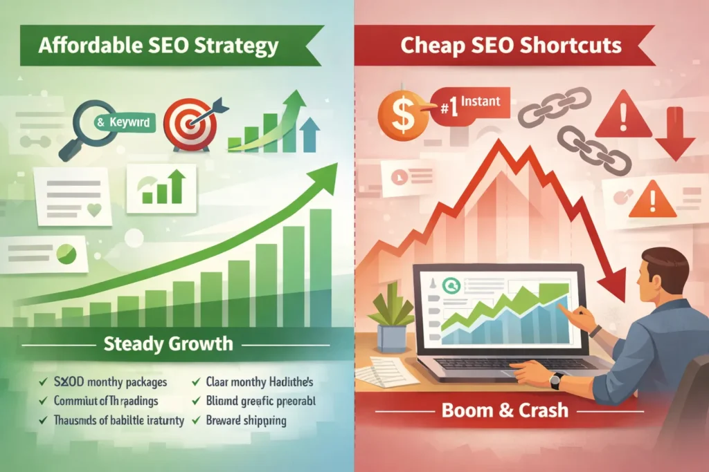 Graph comparing sustainable growth from affordable SEO versus ranking drop from cheap SEO tactics.