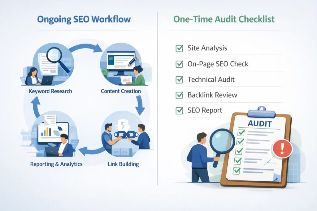 Illustration comparing ongoing SEO workflow versus one-time project SEO audit.