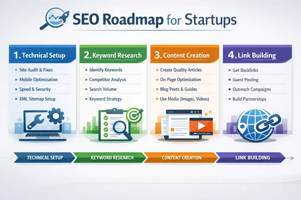 Infographic showing SEO strategy roadmap for startups in the USA.