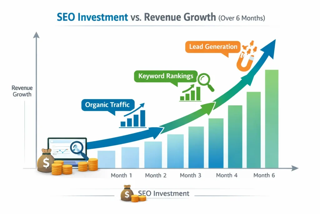 SEO ROI growth chart for small businesses in the USA over six months.