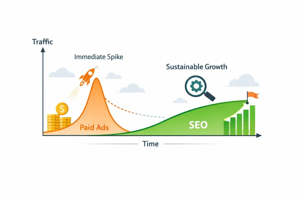 SEO long-term growth compared to short-term paid advertising traffic
