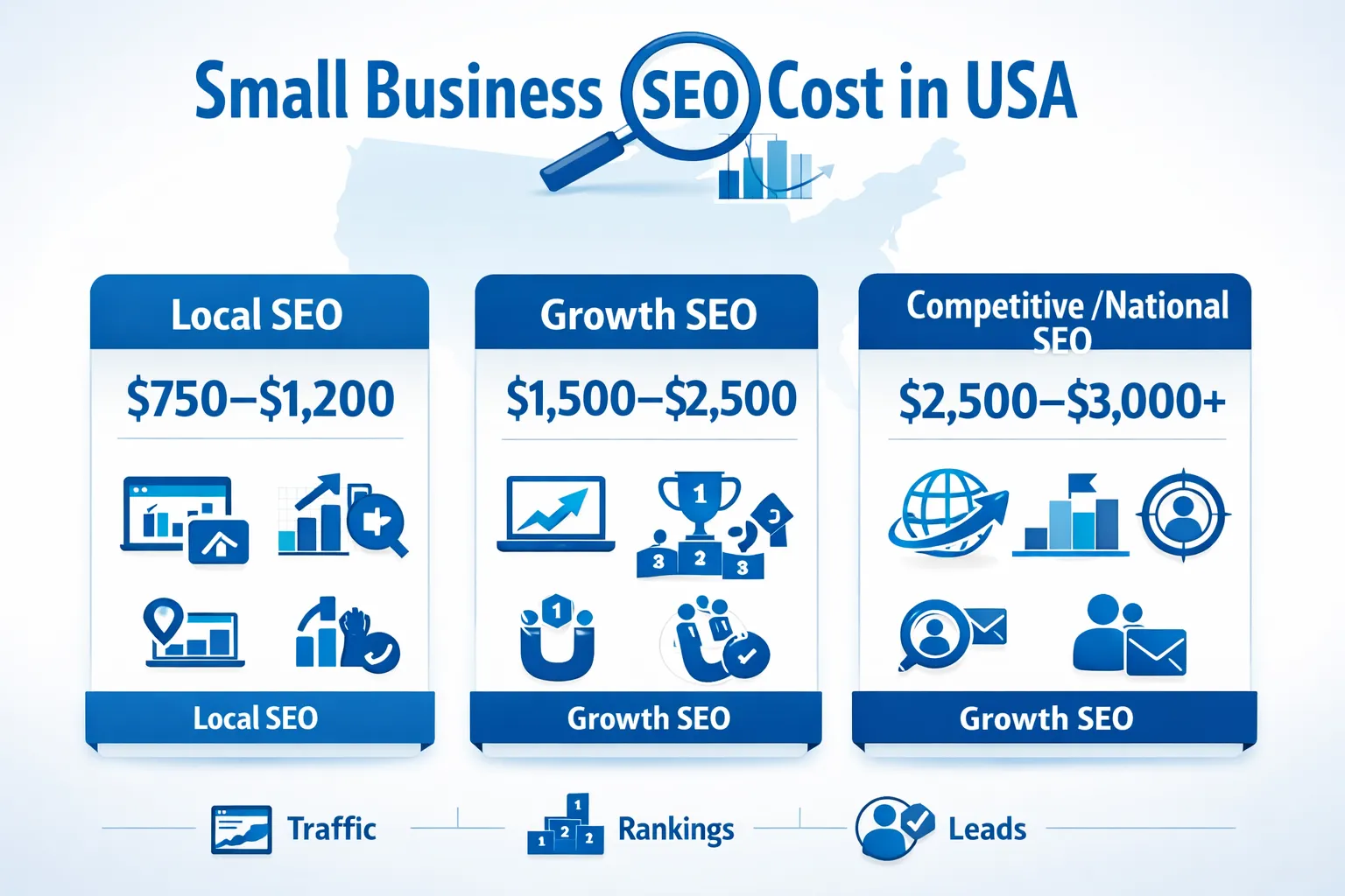 Small business SEO cost breakdown in the USA showing monthly pricing tiers.