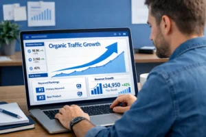 Small business owner reviewing SEO growth and revenue increase on analytics dashboard.