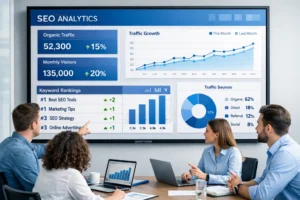 Startup team reviewing SEO growth strategy and keyword rankings in a modern office.