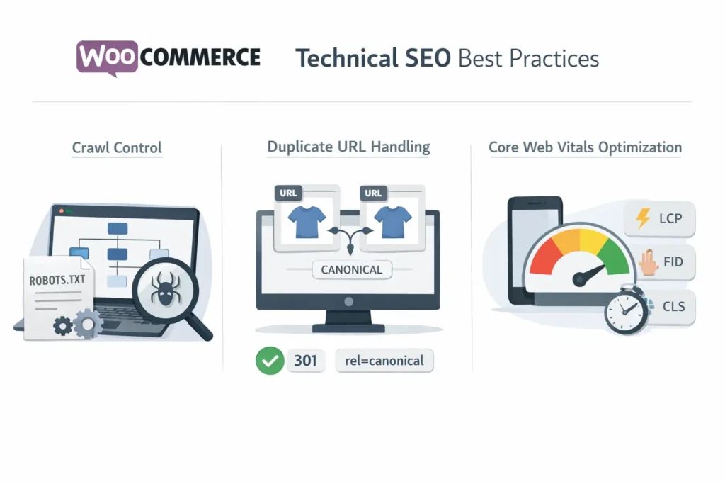 Technical WooCommerce SEO best practices including crawl control and site performance
