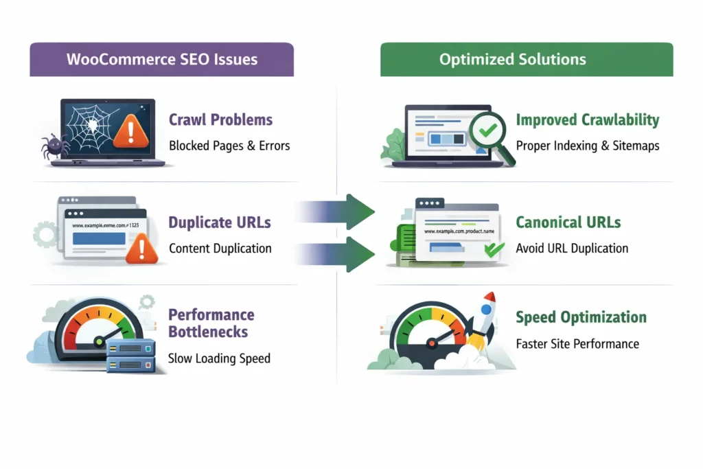 Technical WooCommerce SEO issues including duplicate URLs, crawl problems, and site speed
