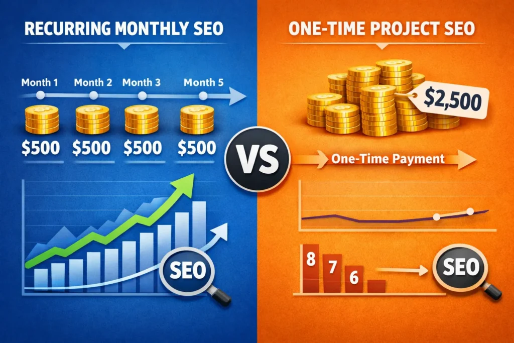 Visual comparison of monthly SEO retainer cost versus one-time project SEO pricing.
