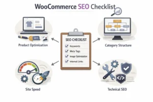 WooCommerce SEO checklist showing product optimization, site structure, and performance