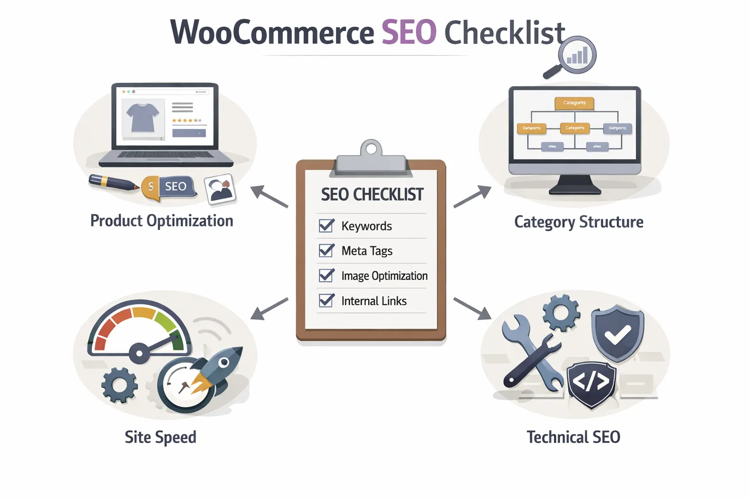WooCommerce SEO checklist showing product optimization, site structure, and performance