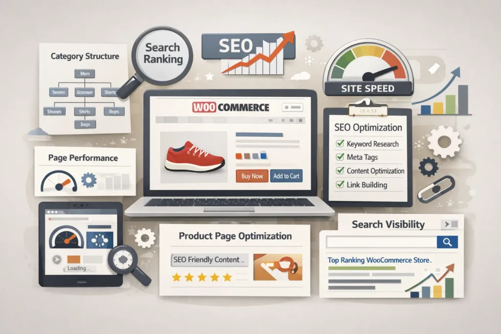 WooCommerce SEO optimization showing product pages, site structure, and search visibility
