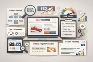 WooCommerce SEO optimization showing product pages, site structure, and search visibility