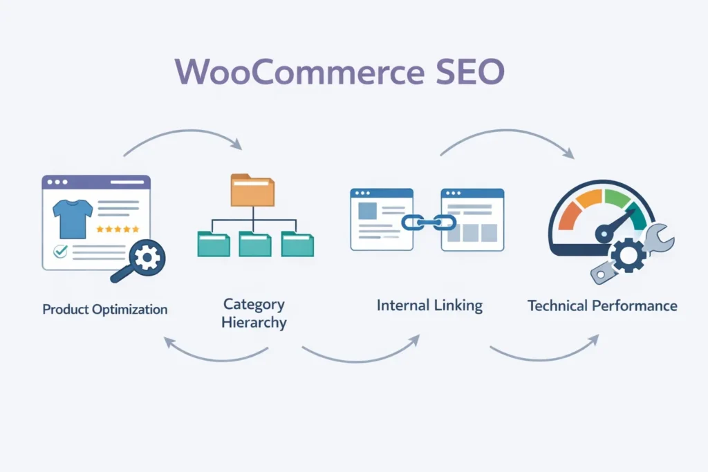 WooCommerce SEO process including product optimization, internal linking, and technical performance
