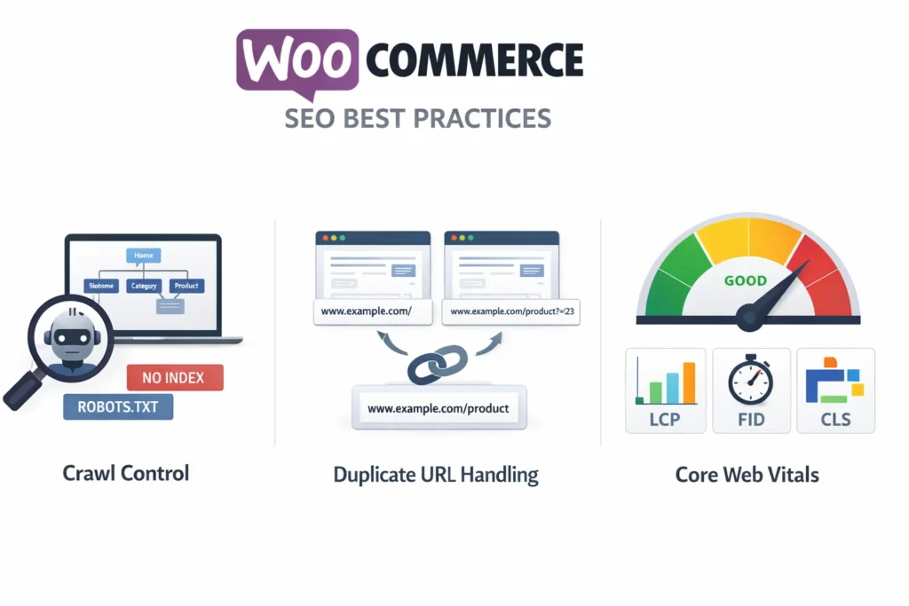 WooCommerce product and category optimization with mobile usability and internal linking
