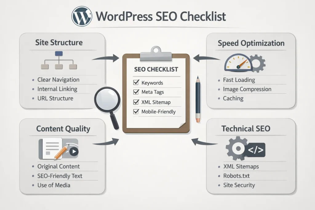 WordPress SEO checklist showing site structure, performance, and content optimization
