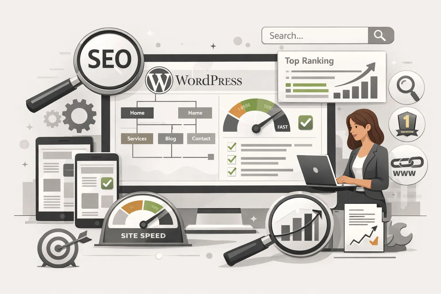 WordPress SEO optimization showing website structure, performance, and search visibility