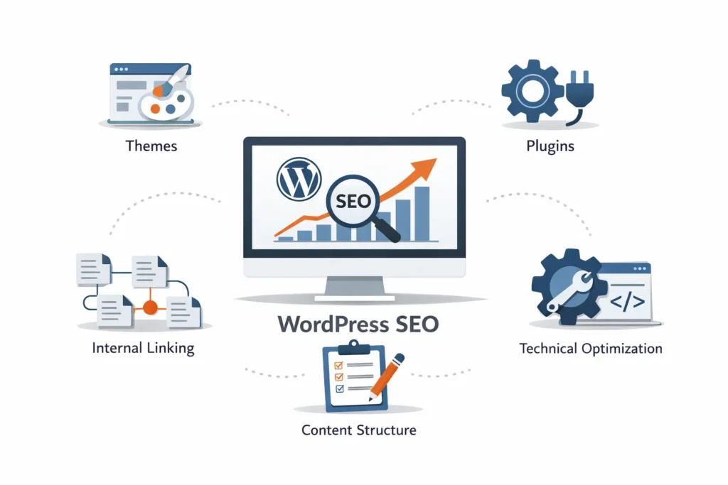 WordPress SEO process including themes, plugins, internal linking, and technical optimization
