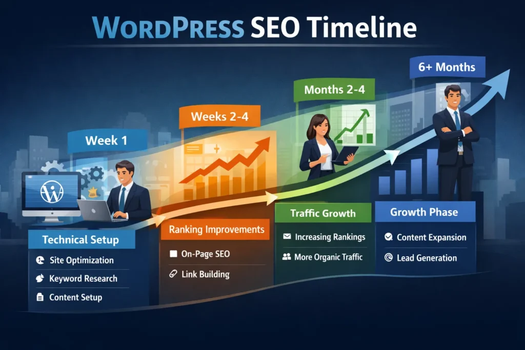 WordPress SEO timeline showing ranking improvements from weeks to months
