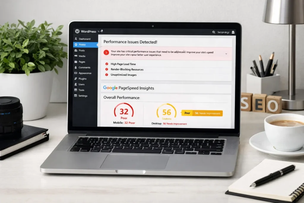 WordPress dashboard showing slow performance and Core Web Vitals report