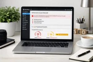 WordPress dashboard showing slow performance and Core Web Vitals report
