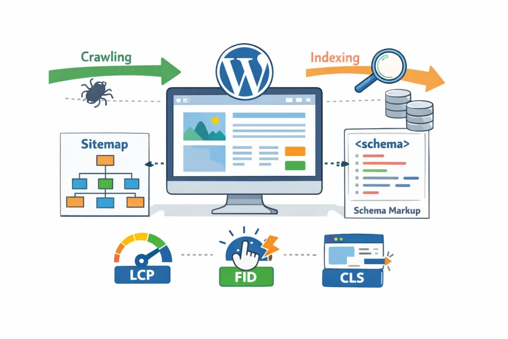 diagram showing crawling, indexing, and Core Web Vitals for WordPress SEO